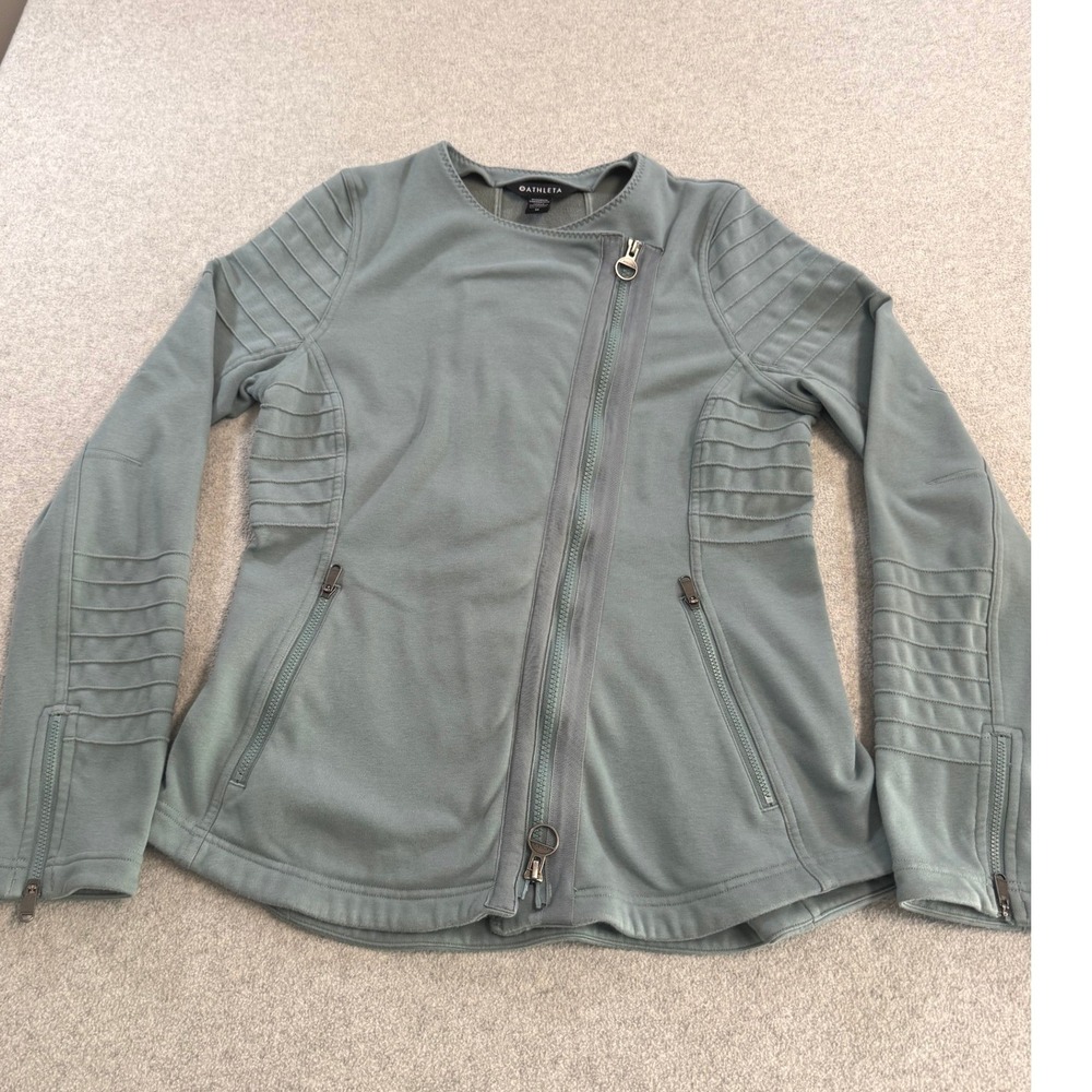 Athleta Moto Jacket Womens Medium Sage Green Asymmetrical Zip Quilted Ribbed